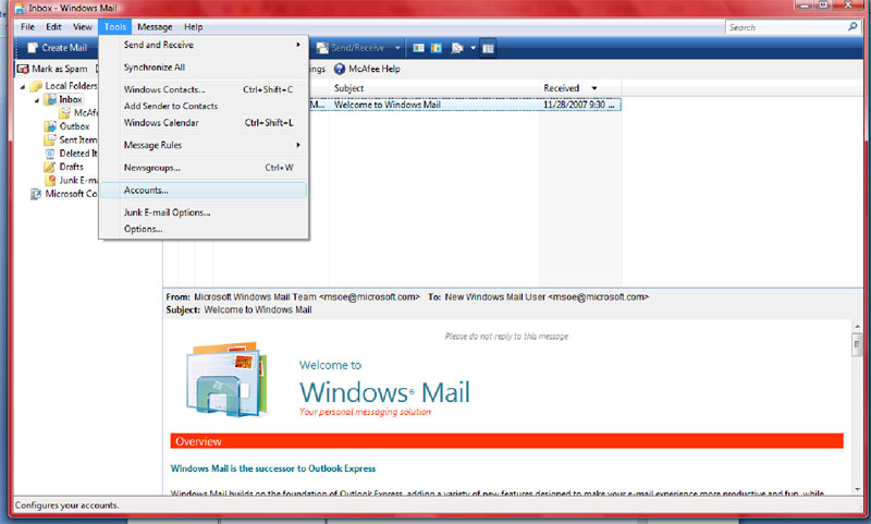 تنظیم Windows Mail